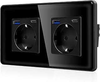 CNBINGO Doppelsteckdose mit 4× USB-Anschluss (Max. 2.1A, Typ-C und USB-A) - Zweifach Schuko Steckdose Unterputz mit 2,5D Curved Glas Platte - Wandsteckdose mit Kindersicherung - 2 Fach Schwarz