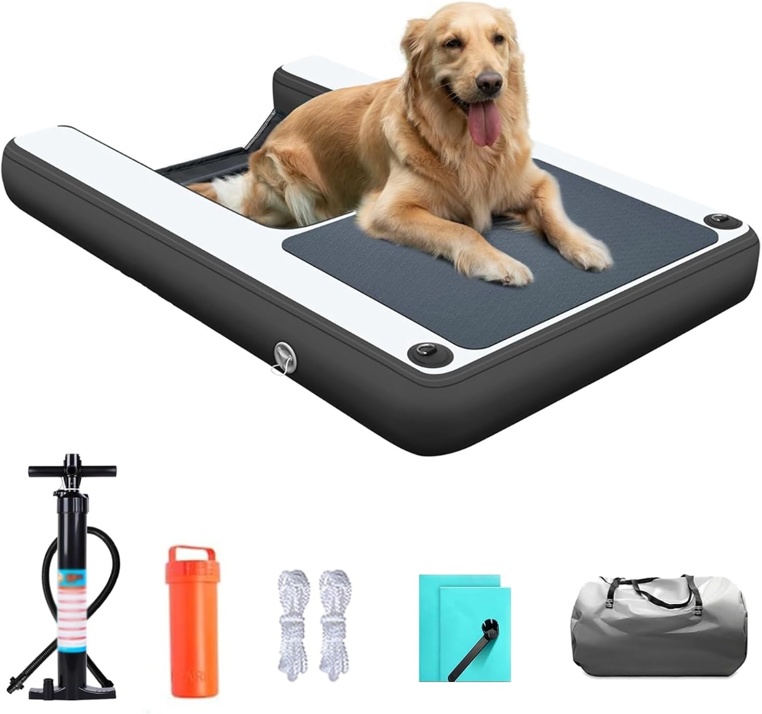 Dog Pool Ramp for Large Dogs, Fold Dog Water Ramp with EVA Anti Slip Pad & 3 Nylon Handle & Weighted Mesh Under Water, 3D Steps Design, Floating Dock for Pool/Lake(Black)