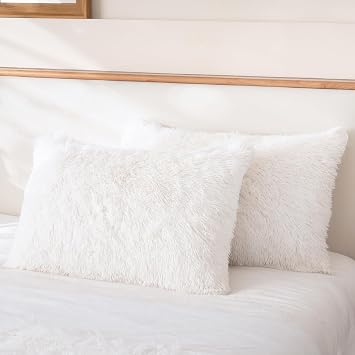 Faux Fur Fluffy Fuzzy Plush White Pillow Case Set of 2, Soft Decorative Pillow Covers for Bed, Bedroom, Living Room, Zipper Closure, Standard Size 20"x26", White