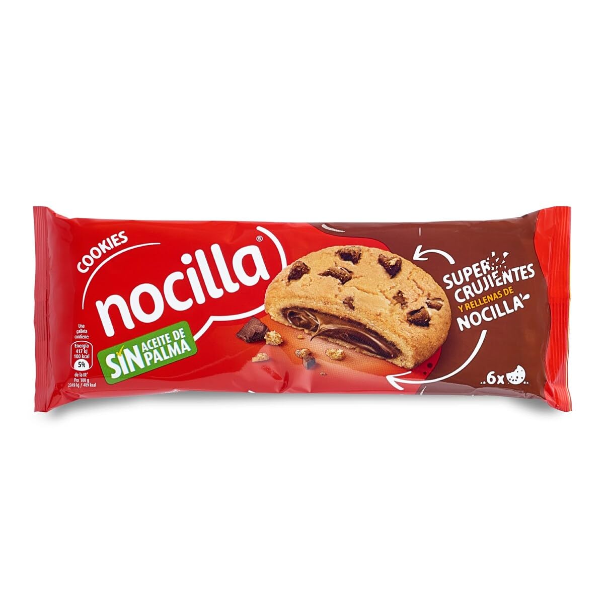 Nocilla Cookies Original Galletas con Gota de Chocolate Rellenas con Crema de Cacao con Avellanas Pack 6 Unidades 120g