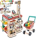 deAO Supermarket Playset for Kids Grocery Store Pretend Play Role Market Stall Toy Shop with Shopping Cart,48 PCS Plays Kitchen Set,Best Gift for Kids
