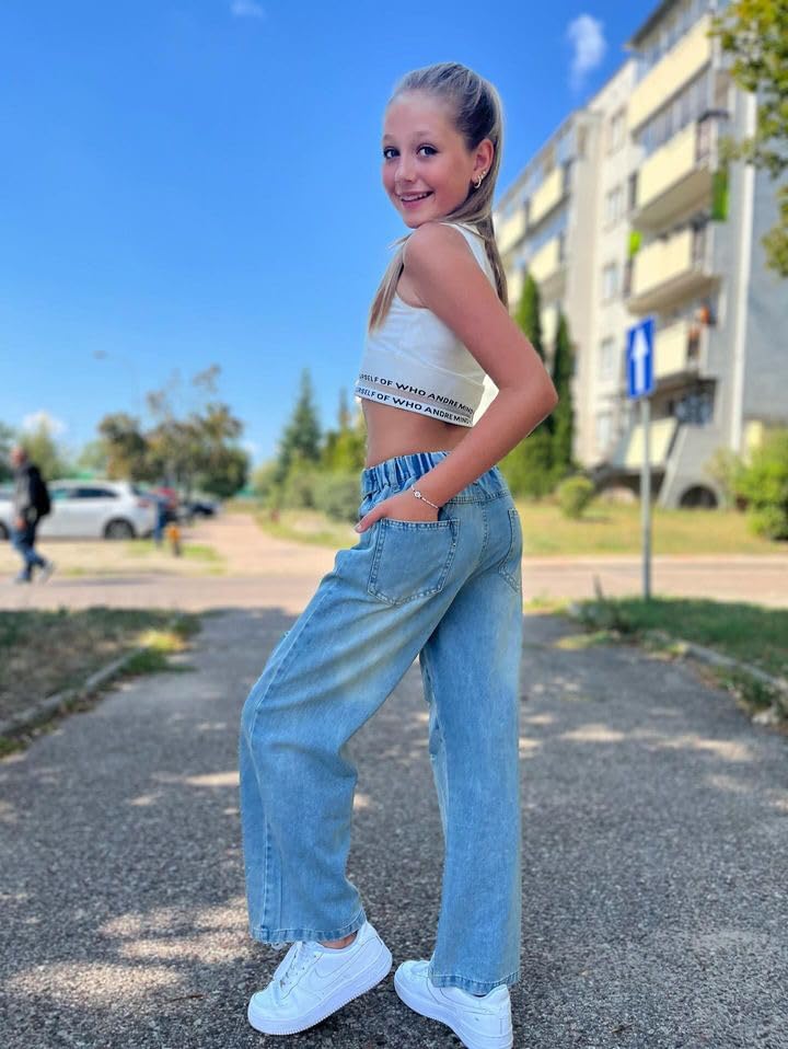 Rolanko Girls Jeans Denim Elastic Wasit Wide Leg Baggy Pants Kids Clothes 4-14 Years - Image 5