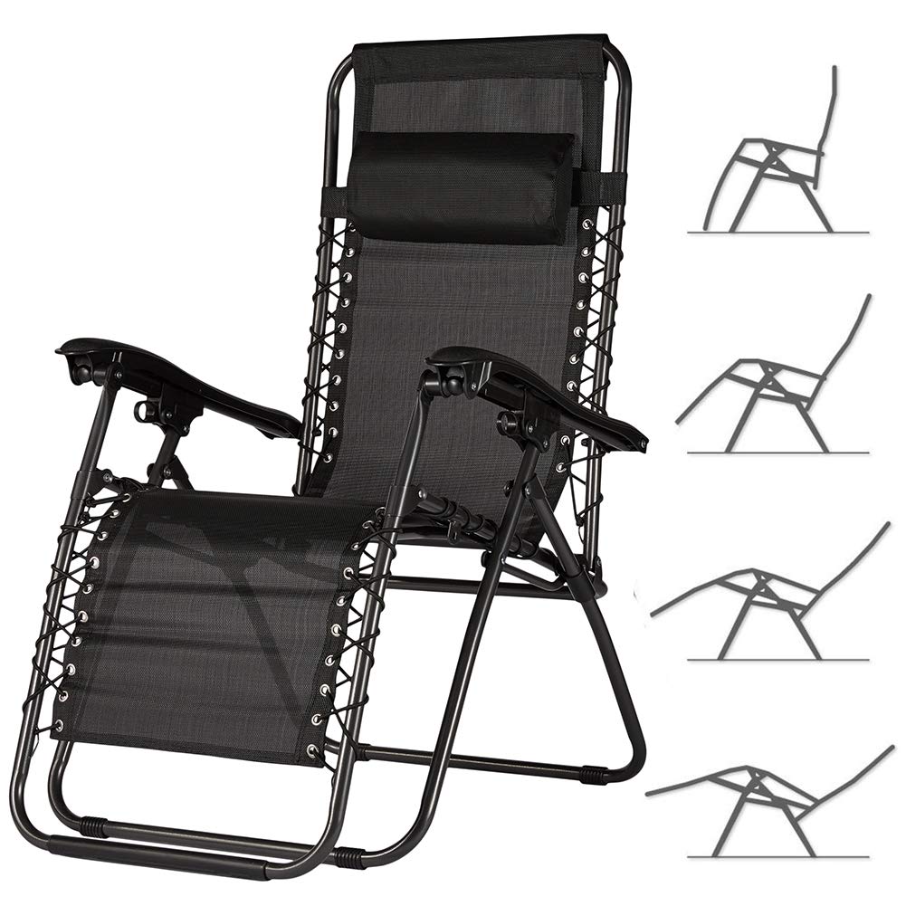 BAKAJI Silla Gravedad Cero Tumbonas de jardín Sillón Relax Plegable Ahorro de Espacio Tubular Acero 22mm Reclinable Tejido Texileno Transpirable, Mar Playa Piscina Muebles Exterior (Negro)