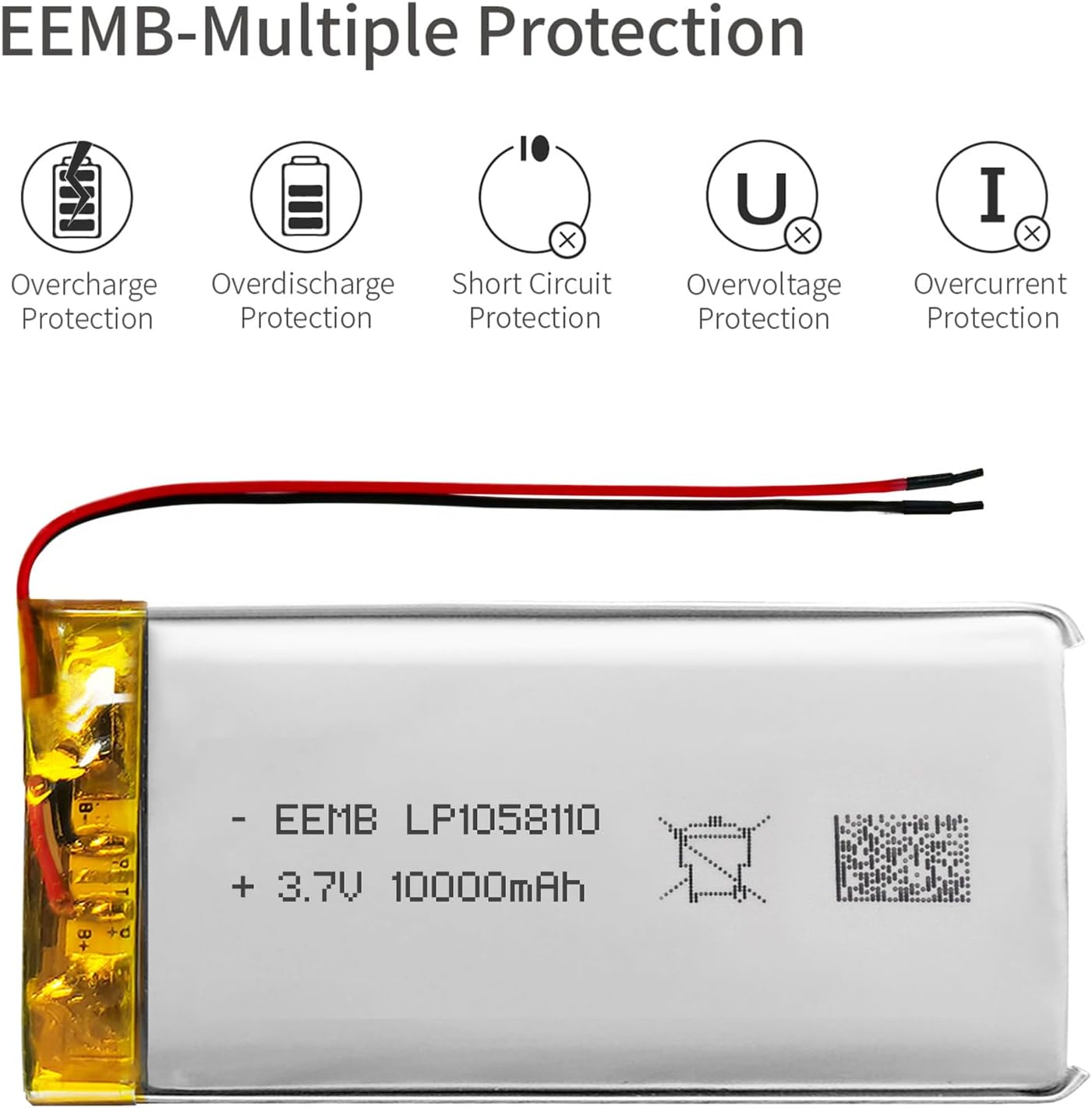 EEMB 3.7V 10000mAh Lithium Polymer Battery - 1058110 Lipo Rechargeable Battery for Bluetooth Speaker, Wireless Devices, Portable Electronics - No Connector