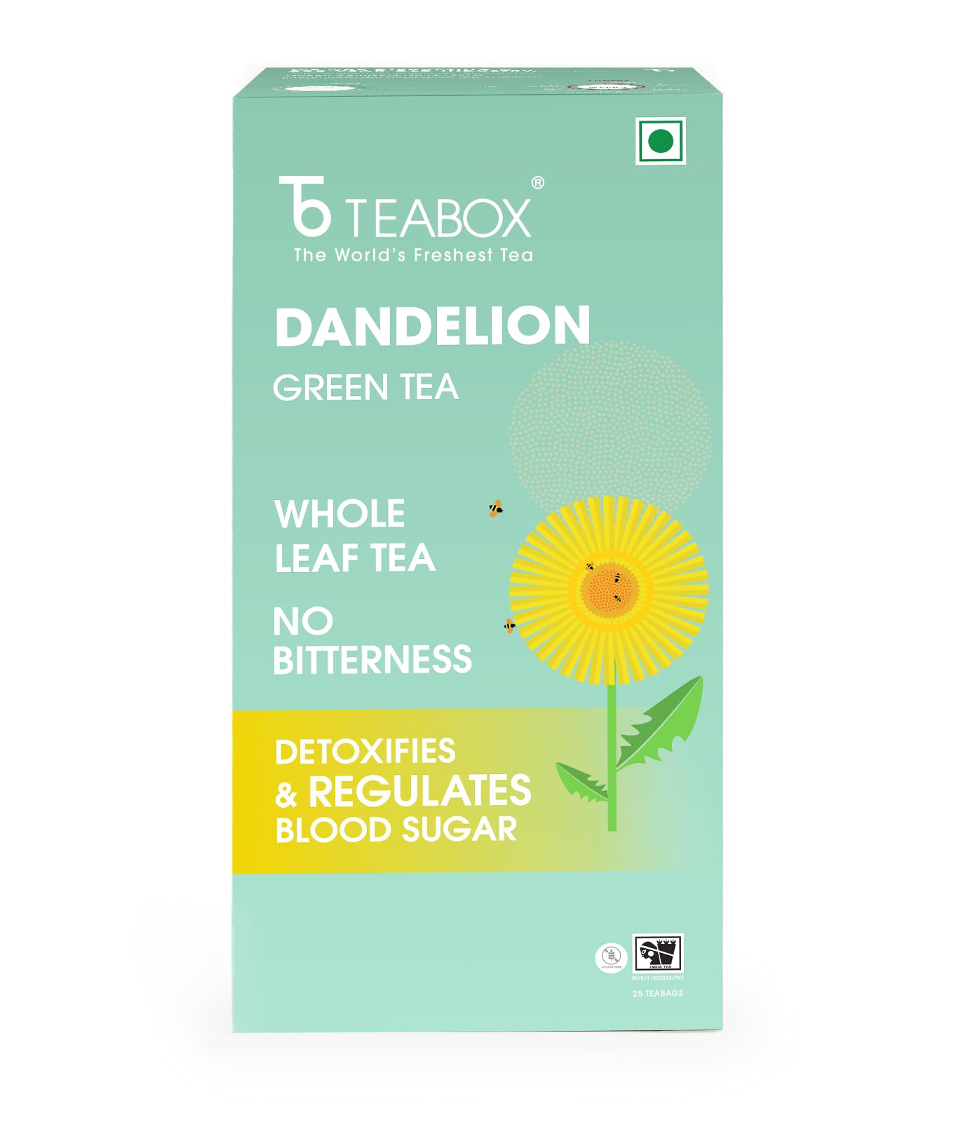 Teabox Premium Green Tea With Dandelion Roots | Whole Leaf & 0% Bitterness | Green Tea From The Himalayas | 25 Tea Bags (Low Caffeine)