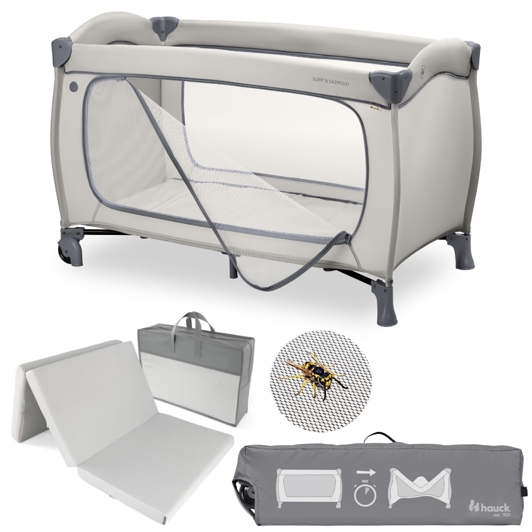 hauck Sleep N Easyfold Baby Reisebett Set- Dark Grey | inkl. Matratze & Insektenschutz | schnell faltbares Kinder Reisebett mit Rollen, Seiteneingang & Transporttasche