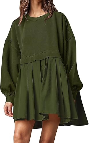 Miniatura 6 de Jielayou Vestido de sudadera de gran tamaño para mujer, manga larga, retazos, cuello redondo, sin botones, para otoño, plisado, mini vestido