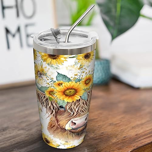 Miniatura 5 de Vaso de acero inoxidable de 20 onzas con tapa, diseño de vaca rústica con girasol, con diseño de vaca, para mujer, termo para bebidas frías y