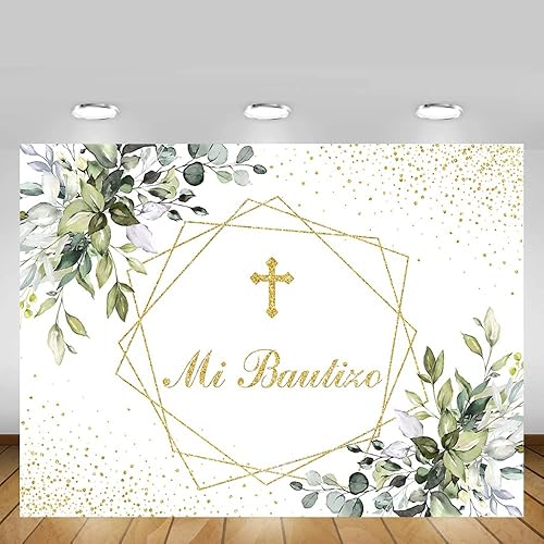 Miniatura 5 de MEHOFOND Mi Bautizo - Telón de fondo para fiesta de bautismo mexicano, suministros para primera comunión recién nacido, baby shower, fondo dorado