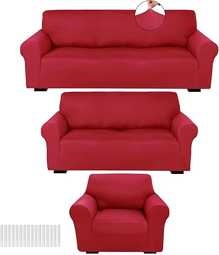 Peryiter Juego de 3 fundas para muebles de sofá, sofá biplaza, sillón y sillón, ajuste elástico, sin arrugas, protector de muebles (rojo Navidad,