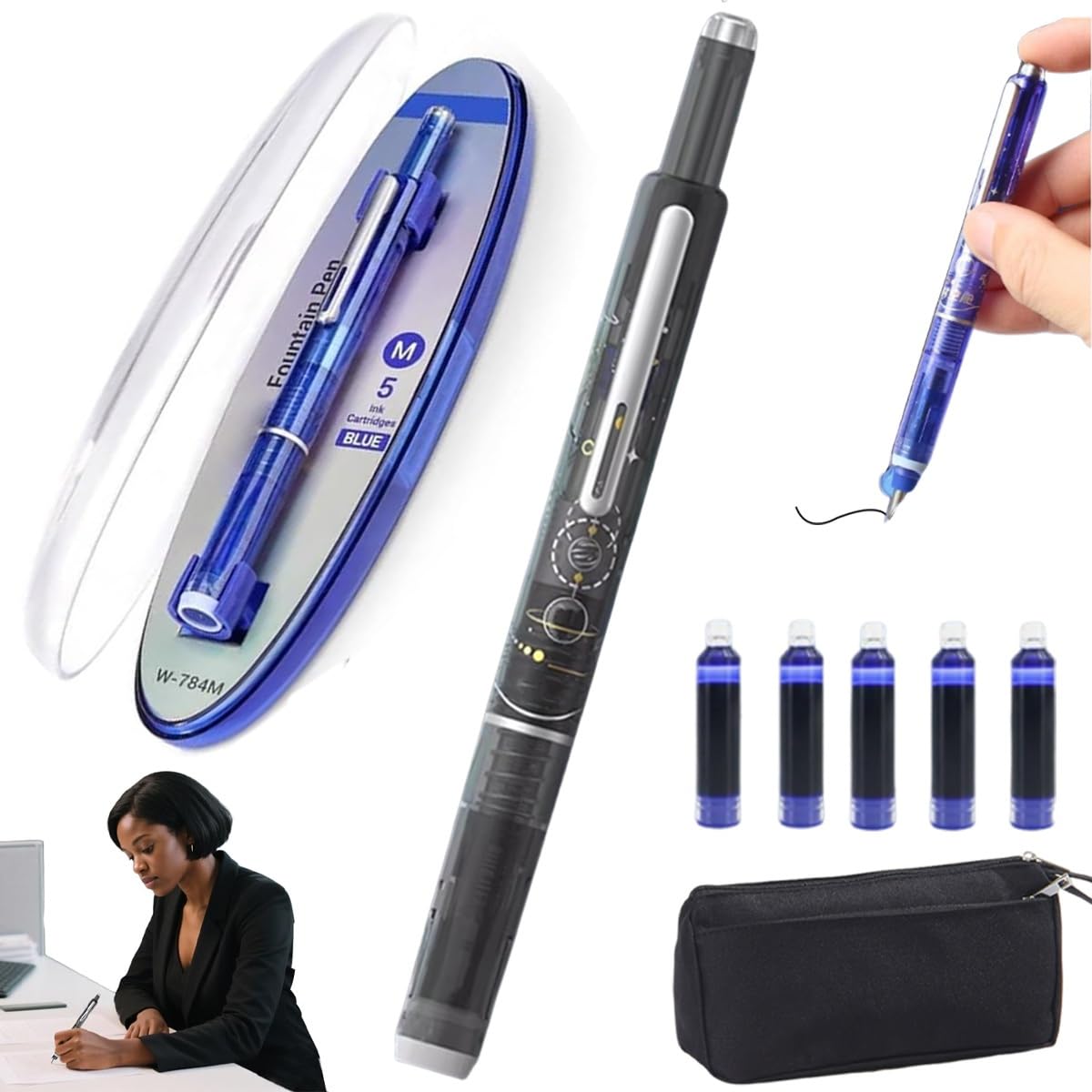Fountain Pen Retractable: 0.38mm Blue&black Ink Transparent Barrel Includes 5 Refillable Ink Cartridges, Multicolor Pressable Medium Nib Fountain Pen, Smooth Writing No Leaking, Practical Gifts