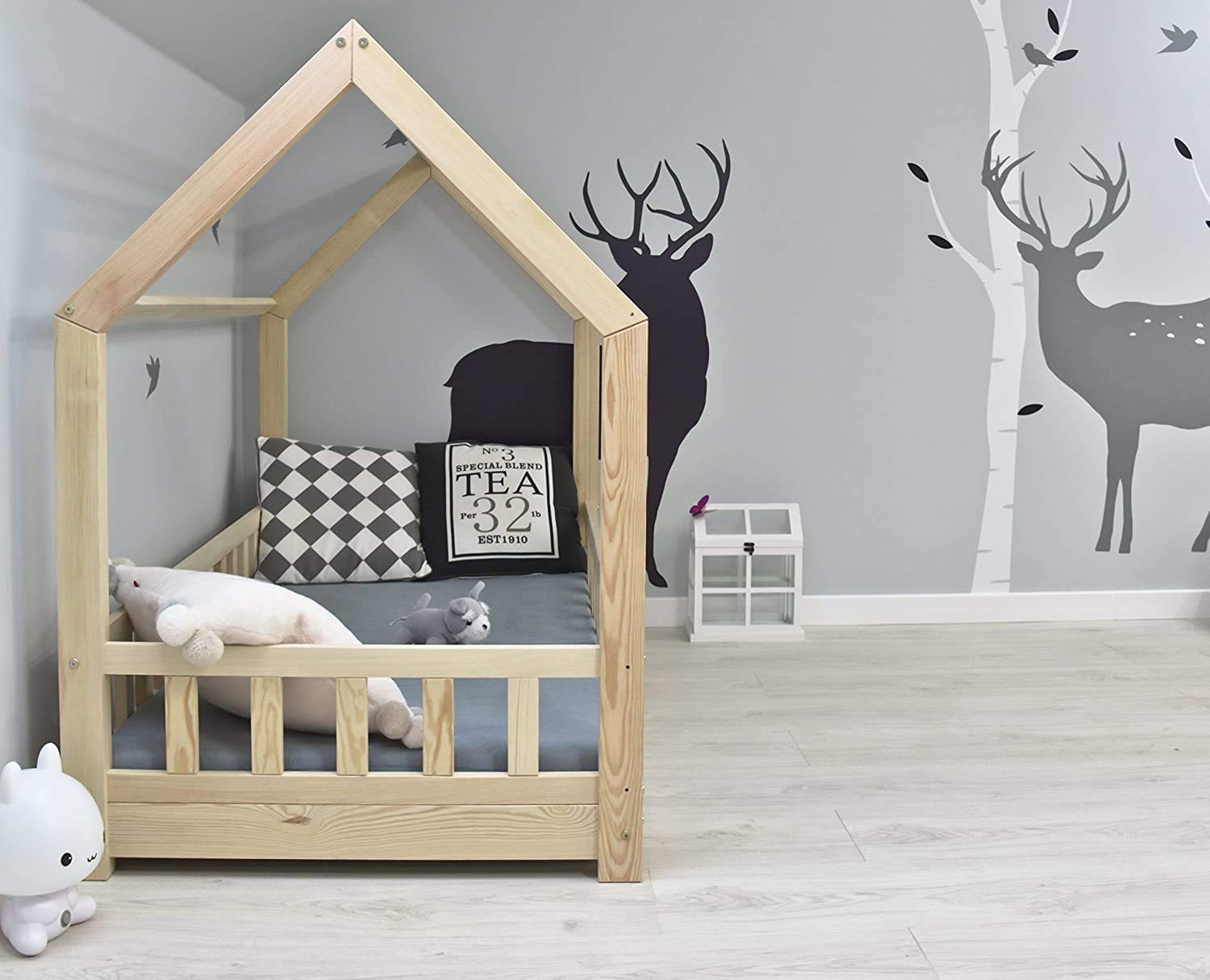 Lettino per bambini con protezione anti-caduta, in legno naturale, con o senza materasso da 10 cm, (80 x 180 cm, senza materasso)