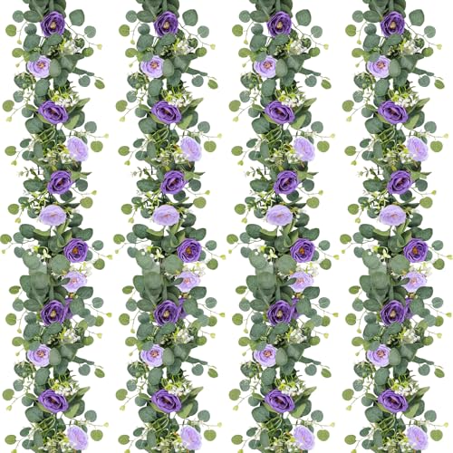 TOCHGREEN 4 Pack Artificial Eucalyptus Flower Garland with Purple Roses Fake Rose Flower Greenery Garland Floral Vines for Wedding Home Party Table Runner Decor (Purple 4PCS)