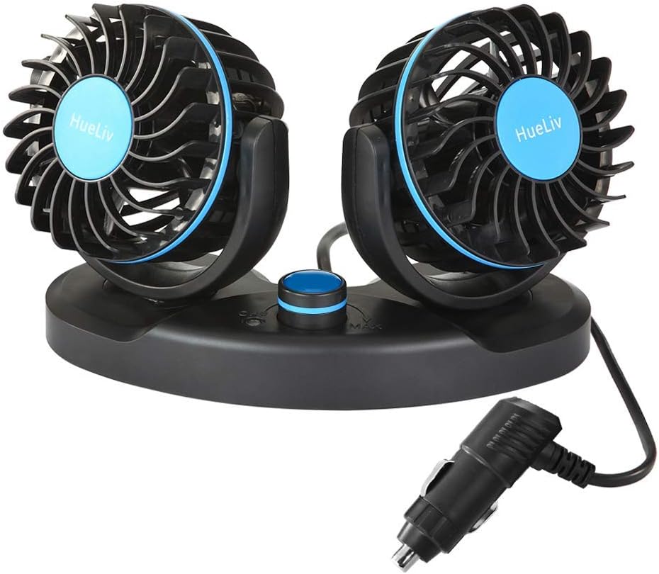 HueLiv Car Fan 12V, Electric Car Cooling Fan with 360 Degree Adjustable Dual Head That Plugs into Cigarette Lighter/Low Noise Automobile Vehicle Fan for Car Truck Van SUV RV Boat