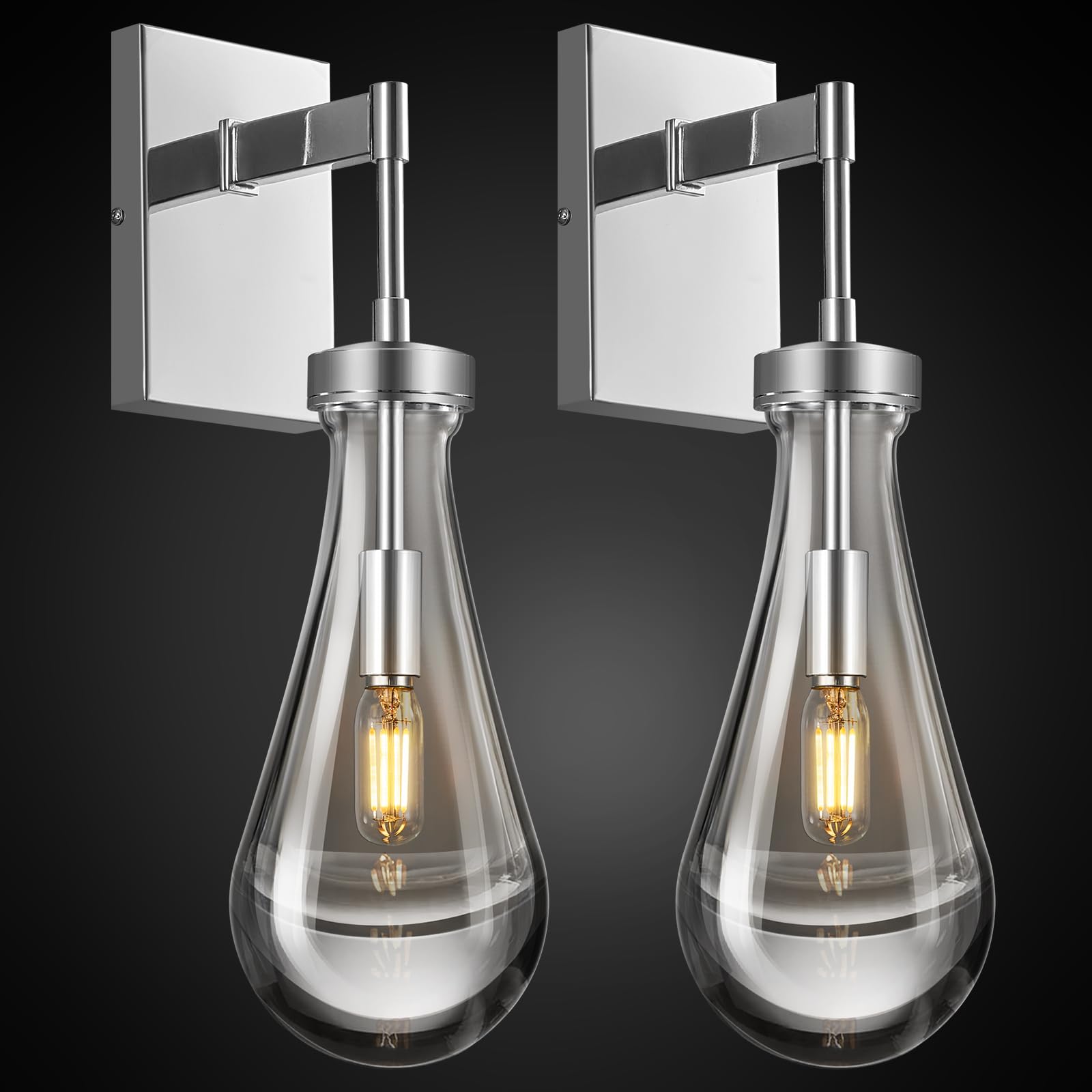 Raindrop Wall Sconces Set of Two Chrome Sconces Wall Decor Modern Brass Wall Lighting Glass Bathroom Sconces Indoor Vanity Light Wall Lamp for Bedroom Living Room Stair