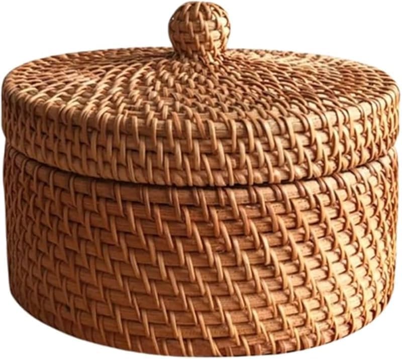収納バスケット 天然籐製手作り織り 蓋付きカントリースタイル 卓上小物入れ・フルーツ保管用 リビング・寝室用整理ボックス 多用途多功