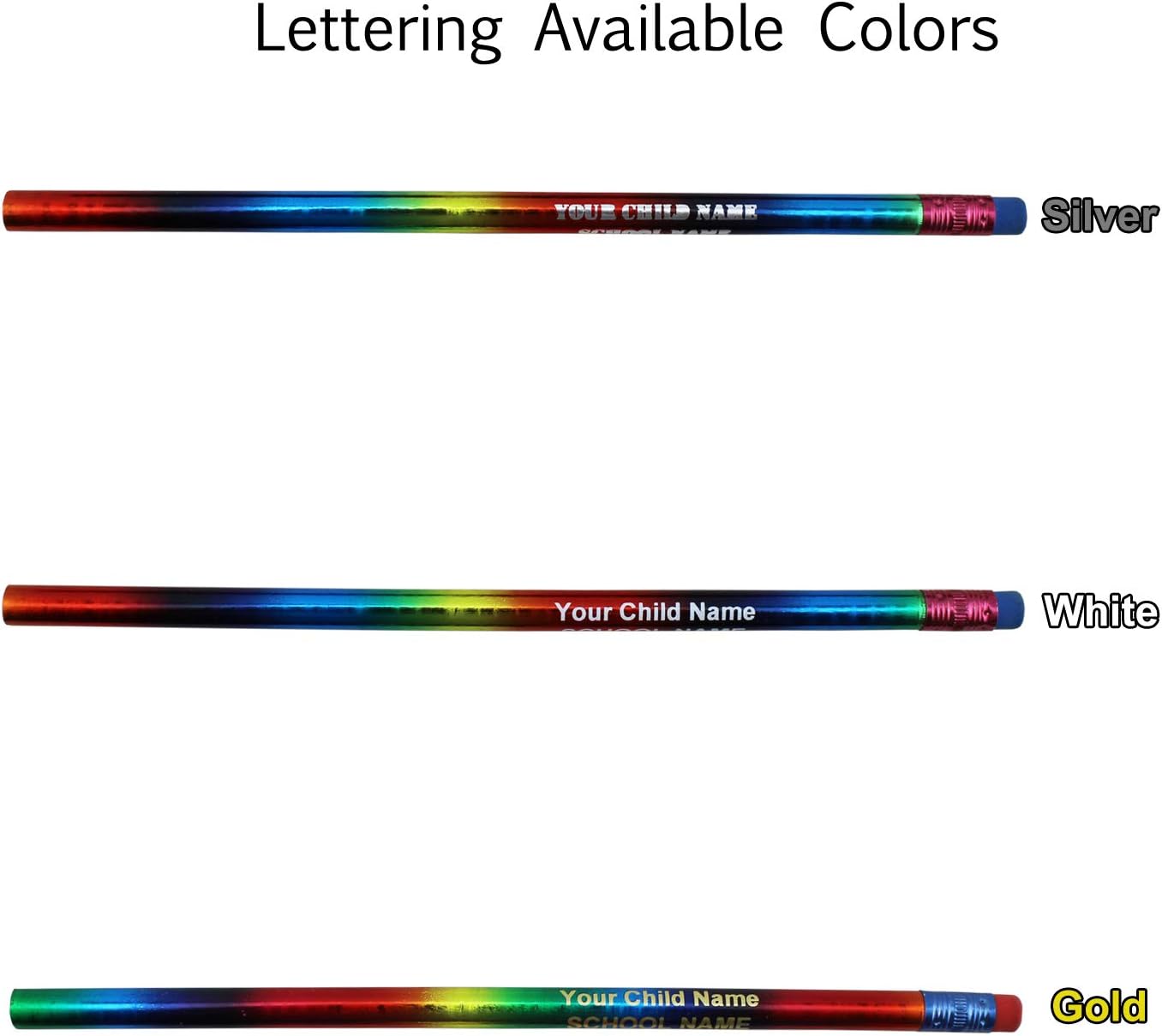 ezpencils Personalized Pencil Bulk – Round Pencils – Rainbow Color Barrel (Body), Eraser and Ferrule – Package of 40 - FREE PERSONALIZATION - 2HB Black Lead - School - Office - Non-smear eraser