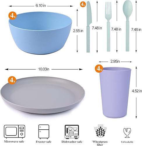 Miniatura 2 de Juego de vajilla de paja de trigo, 24 cuencos ligeros irrompibles, aptos para lavavajillas, microondas, tazas de paja de trigo, cubiertos y tazones