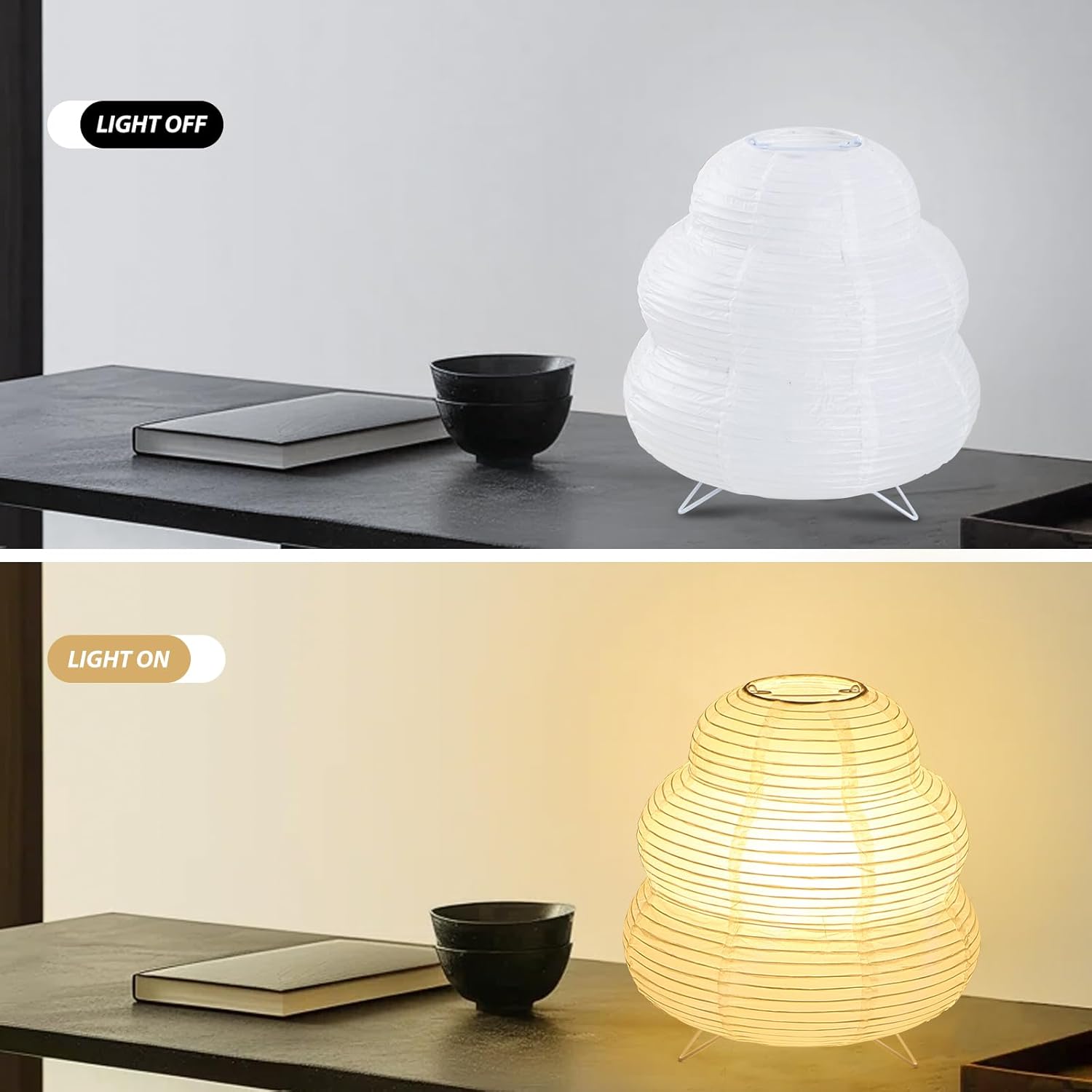 Paper Lantern Lamp, Japanese Paper Table Lamp with 3 Color, Cute Wabi-Sabi Rice Paper Lamp for Desk Bedroom Bedside(Bulb Included)
