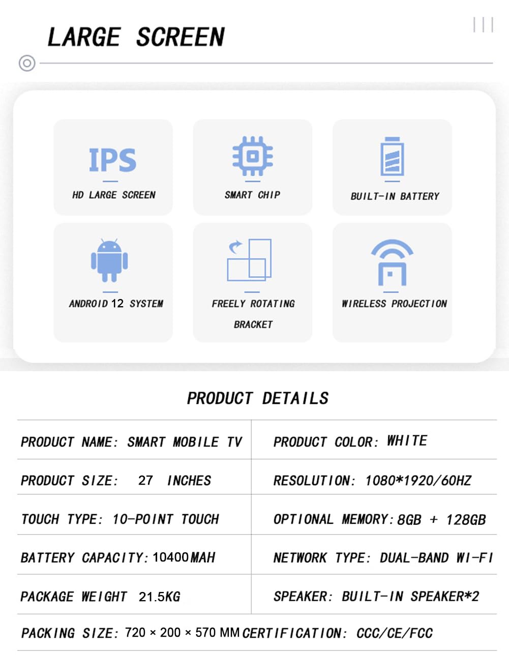 Televisor portátil con batería de 27 pulgadas, pantalla giratoria móvil con cámara de 13 MP, 8 GB de RAM + 128 GB de almacenamiento, TV portátil para sala de estar, cocina, dormitorio, balcón, jardín