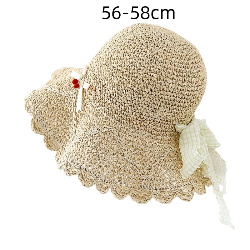 Gorra de Sol para Mujer,Gorra de Paja de Verano con Lazo A Cuadros,Ajustable,Plegable,de ala Ancha,Sombrero de Playa de Paja Flexible para Caminar,Pescar y Viajar