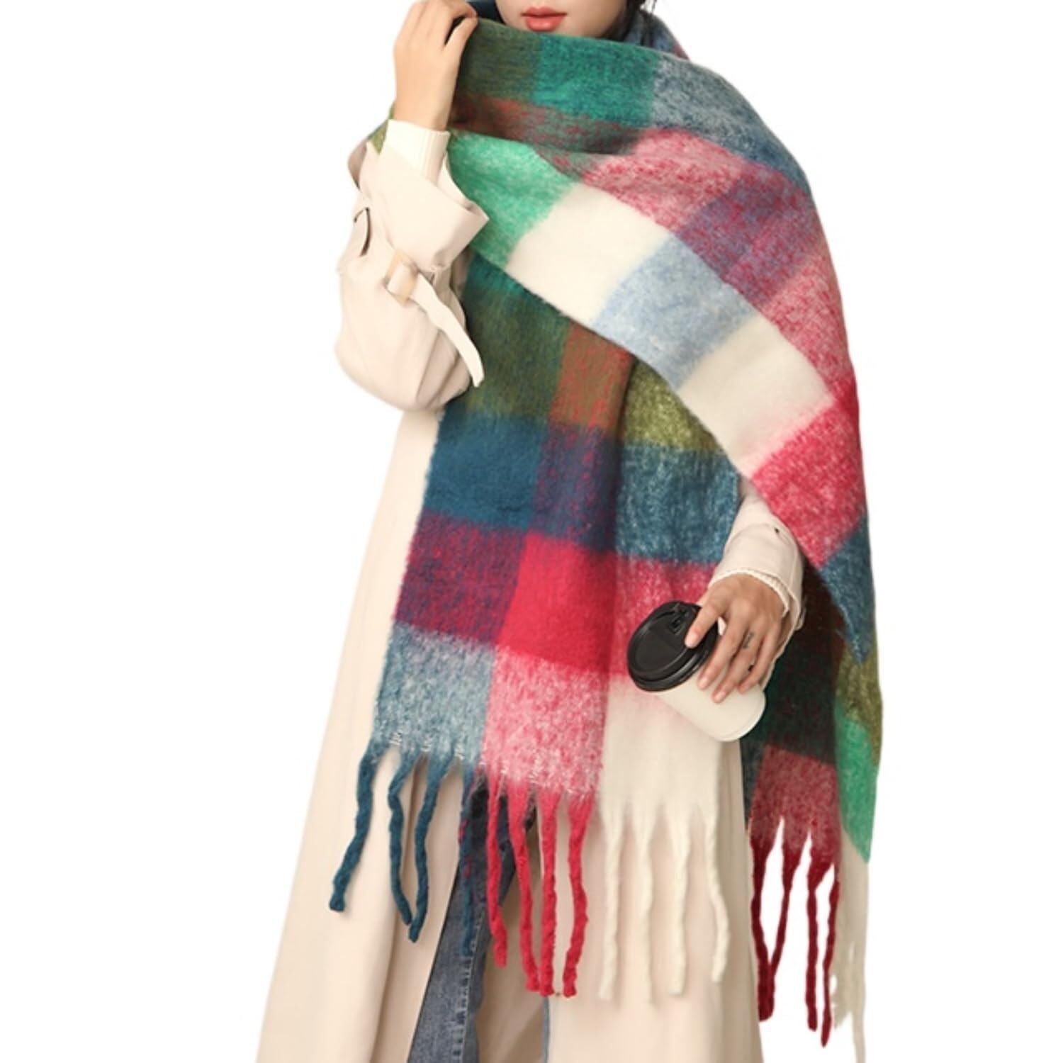 Barley Direct Chunky Winter Scarfs for Women Cold Weather Warm Knit Thick Plaid Scarf Long Large Oversized Checked Scarves(Navy)