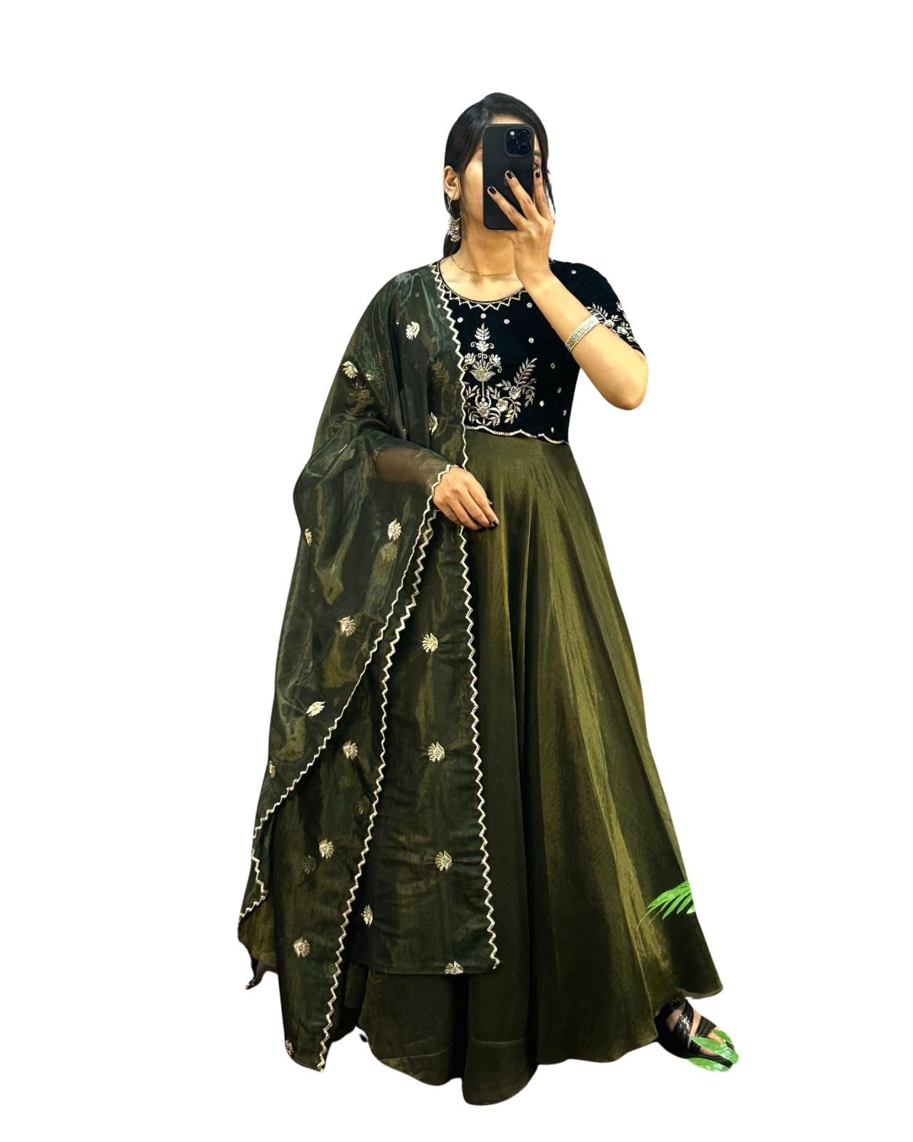 Women's Unique 9000 Thousand Velvet with Tissue Net Embroidery Work Half Sleeves Micro Cotton Lining Anarkali Long Gown and Duppatta-image-29