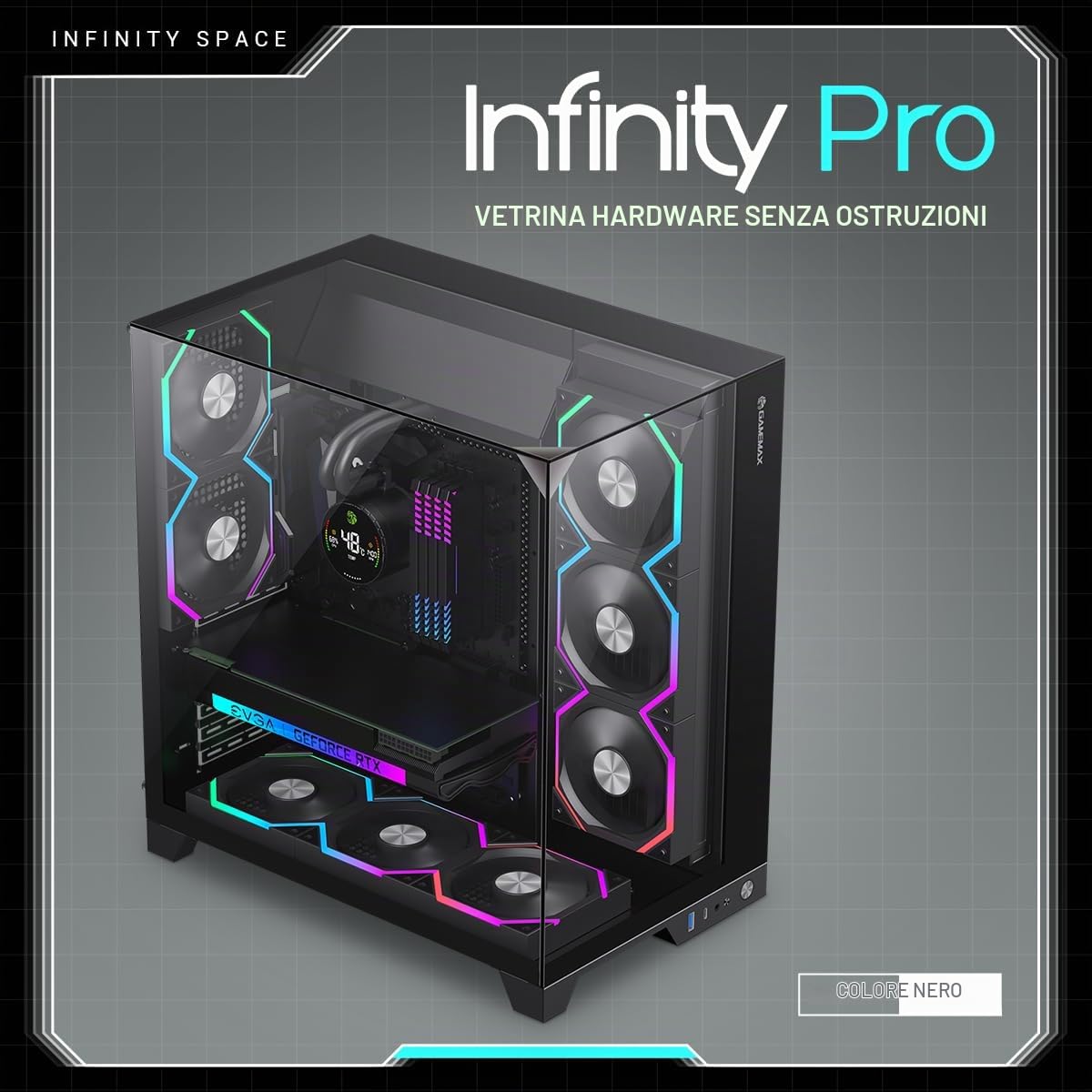 GAMEMAX Infinity PRO BK Case per PC ATX Midi Tower, vetro panoramico a 3 lati, ventola PWM 5X ARGB preinstallata, USB-C & Aura Sync, scheda madre BTF, raffreddamento ad acqua fino a 360 mm, nero