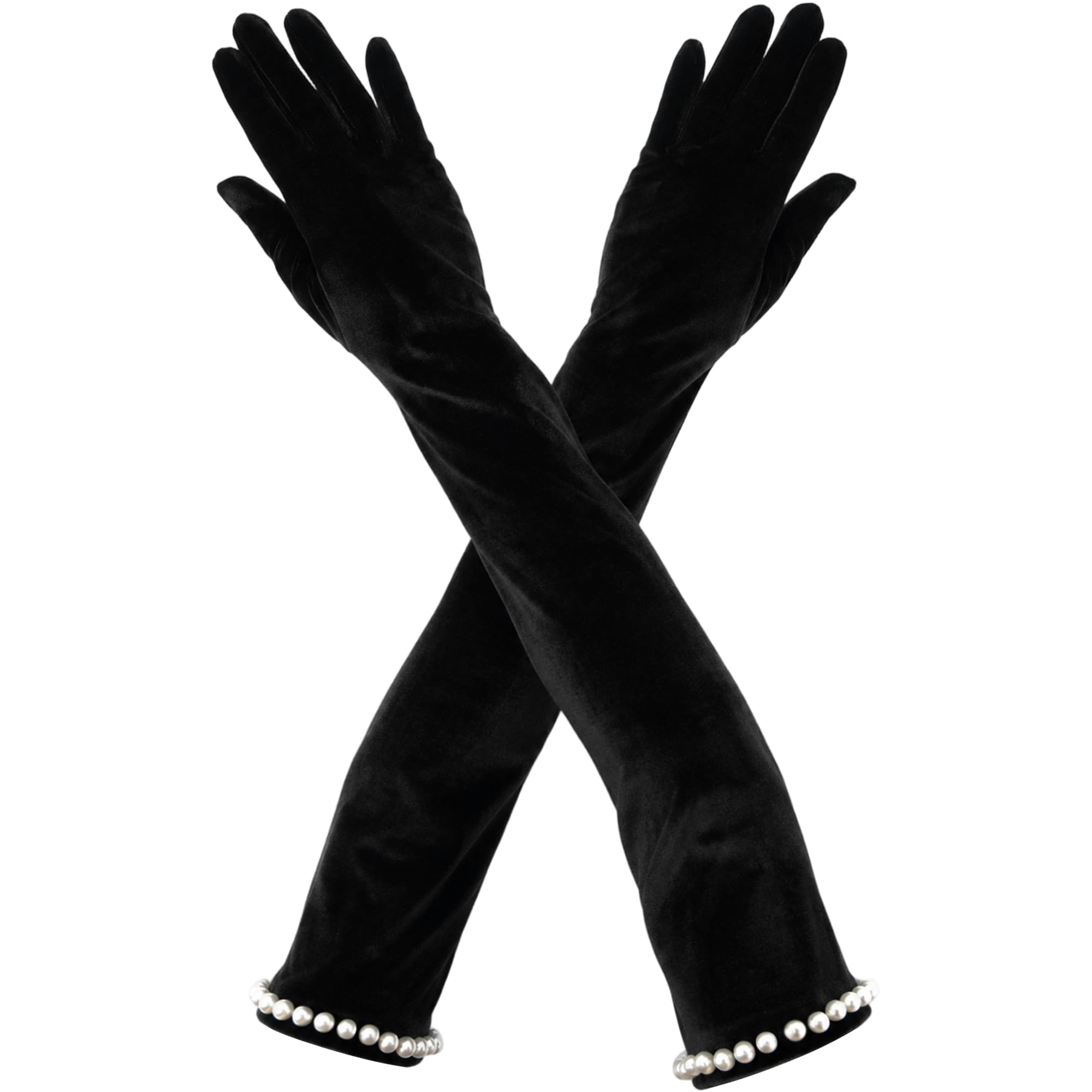 Long Velvet Gloves for Women, Vintage Opera Gloves with Pearl Cuff Trim