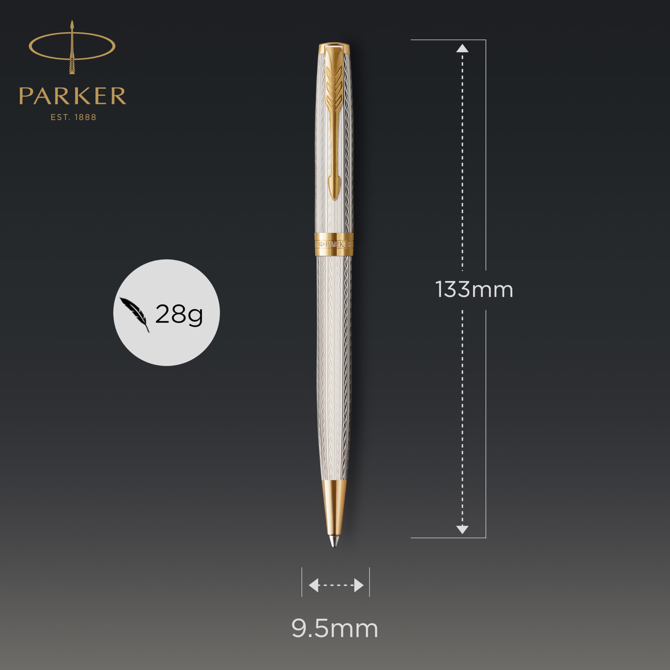 PARKER 2119796 Sonnet Premium Ballpoint Pen, Silver Mistral (Silver Sterling), Gold Trims, Medium Black Refill - Gift Box