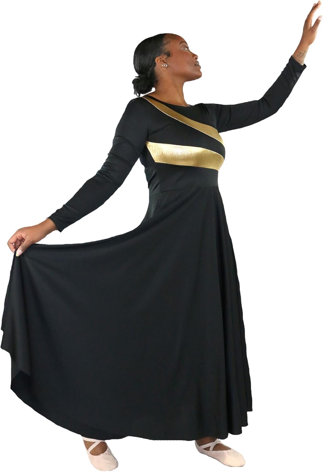 Danzcue Womens Metallic Worship Dance Dress, Metallic Bicolor Full Length Praise Dance Dress - Image 5