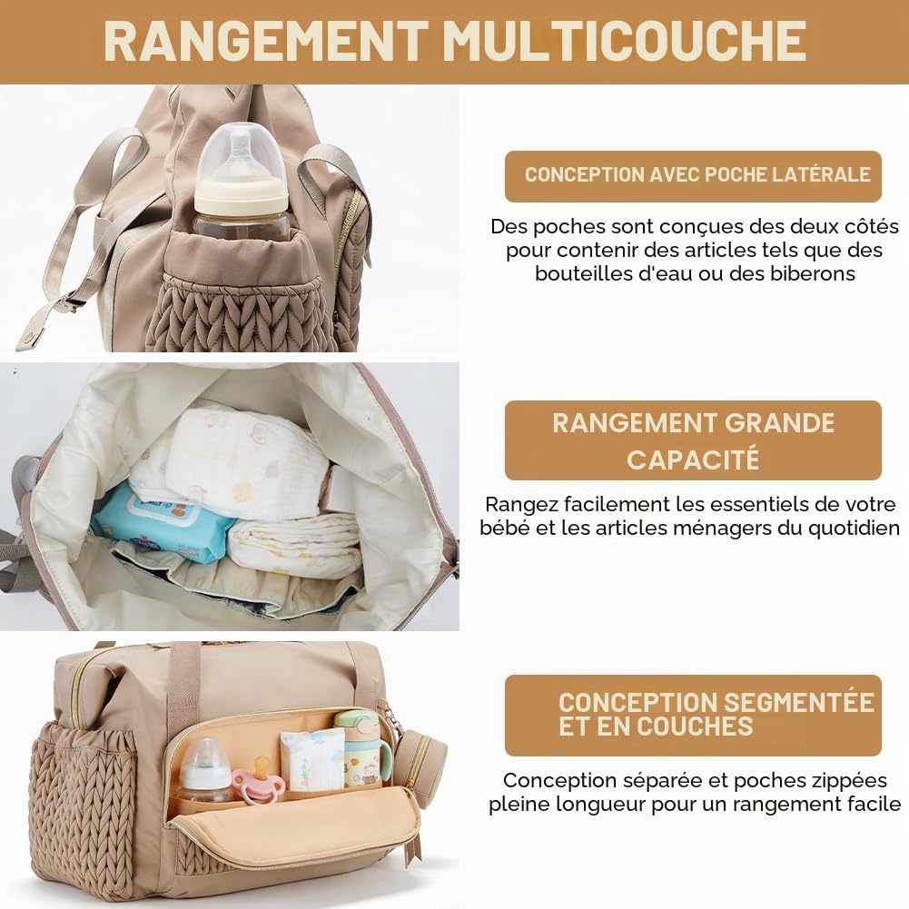 Grand sac à langer multifonction pour maman avec étui à tétine, imperméable, grande capacité pour couches et bouteilles, parfait pour les voyages, la plage et les déplacements