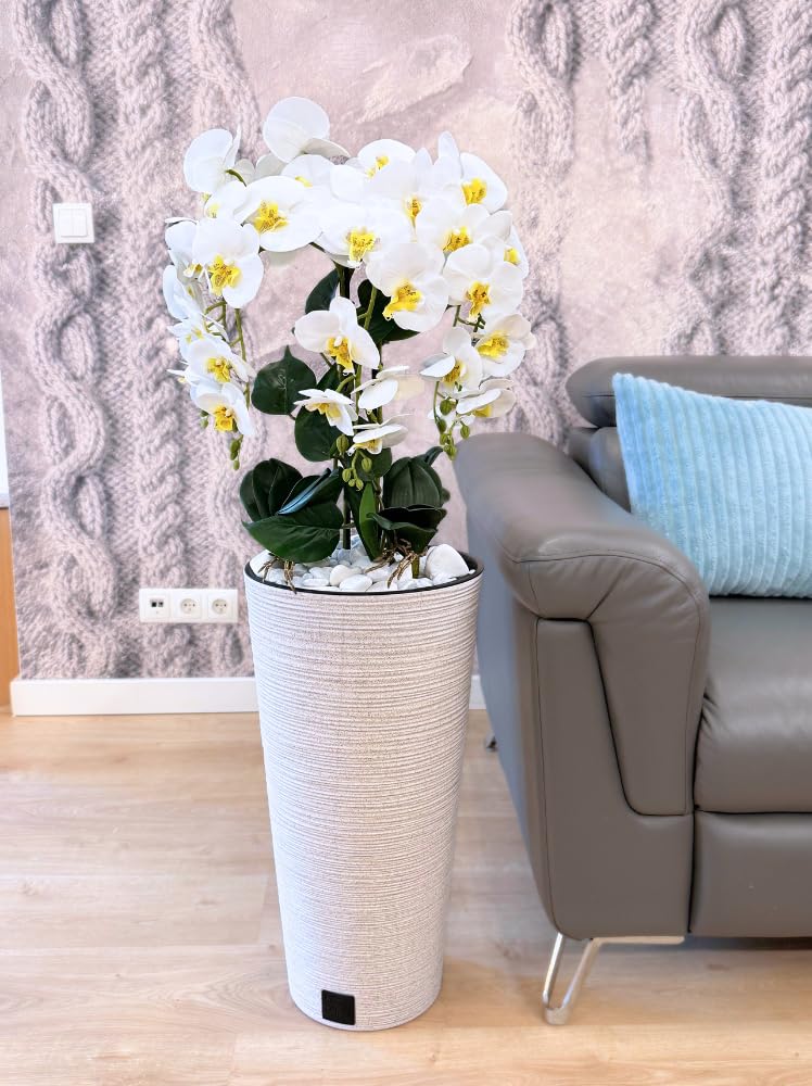 B4y Kunstliche Orchidee im Topf 120x40cm XXL groß, 5 biegsame Rispen, Real Touch Blüten - pflegeleicht & robust | täuschend echte Kunstblumen, minimalistisch - Wohnkultur Hochzeit (weiß/weiß)