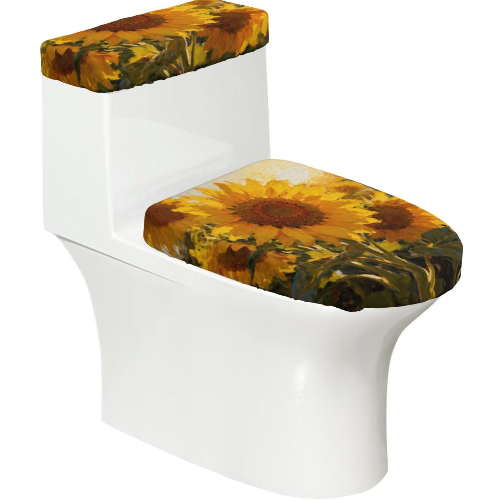 Cntdbu Black Afternoon Sunflowers Stretchy Toilet Lid And Tank Cover Set-Soft Elastic Bathroom Decor For U Shape Oval