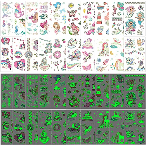 Rosymormor 200+ Lumineux Tatouages Temporaires pour Filles, Animé Modèles Tatouage Ephemere Imperméable, Lueur dans le Noir Tatouage de Sirène Licorne, Autocollant Tatouage Lumineux pour Filles, Fête