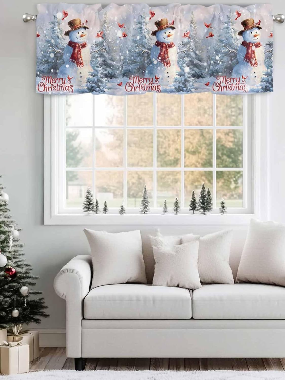 Curtain Valance 60" x 18", Merry Christmas Snowman Window Valances Rod Pocket Curtains Drapes, Christmas Tree Gift Box Scarf Short Topper Curtain for Kitchen Cafe Living Room, 1 Panel