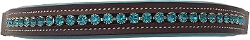 Teal Padded Leather English Bridle Browband with Teal Crystals Brown, Cob 15"