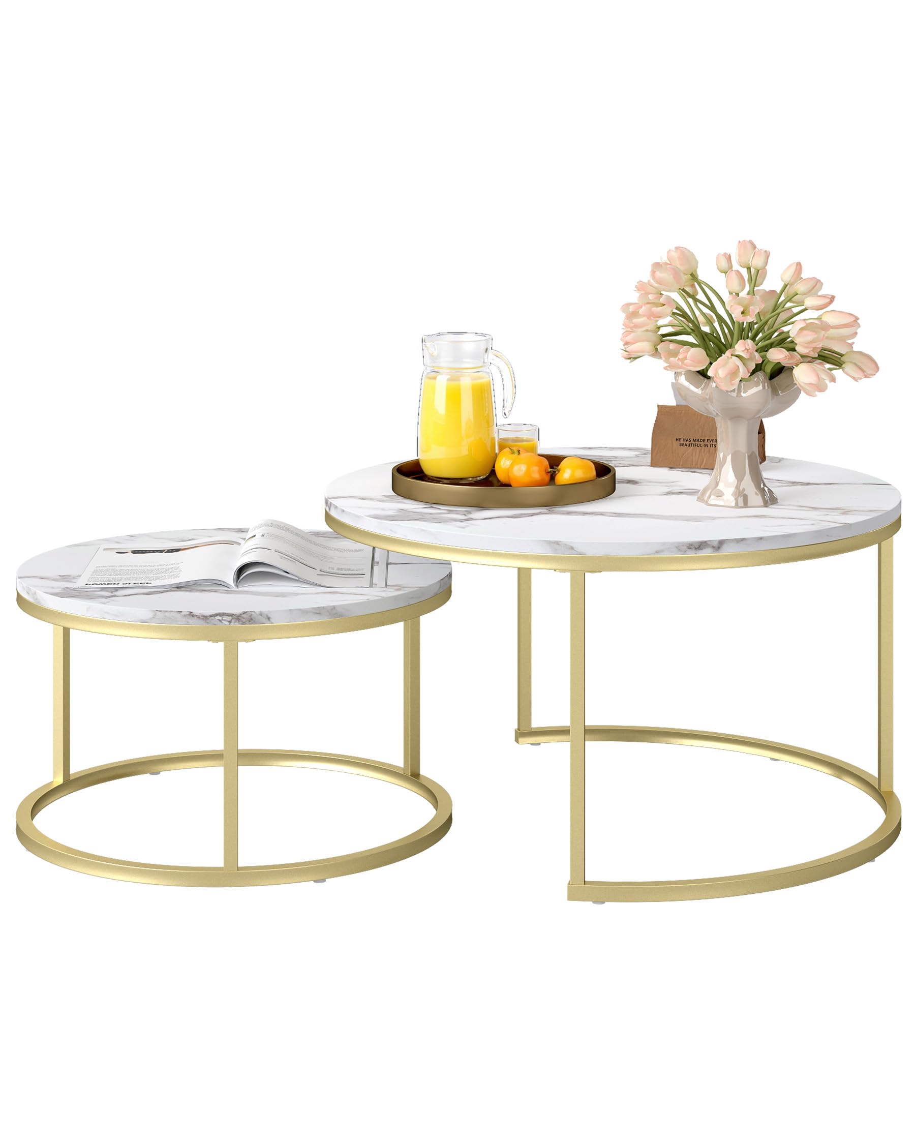 Table Basse Gigogne Effet Marbre Blanc Table Basse Blanche avec Cadre Doré, Tables Basses Rondes Ensemble de Tables d'Appoint Modernes pour Salon, Diamètre 80+60 cm