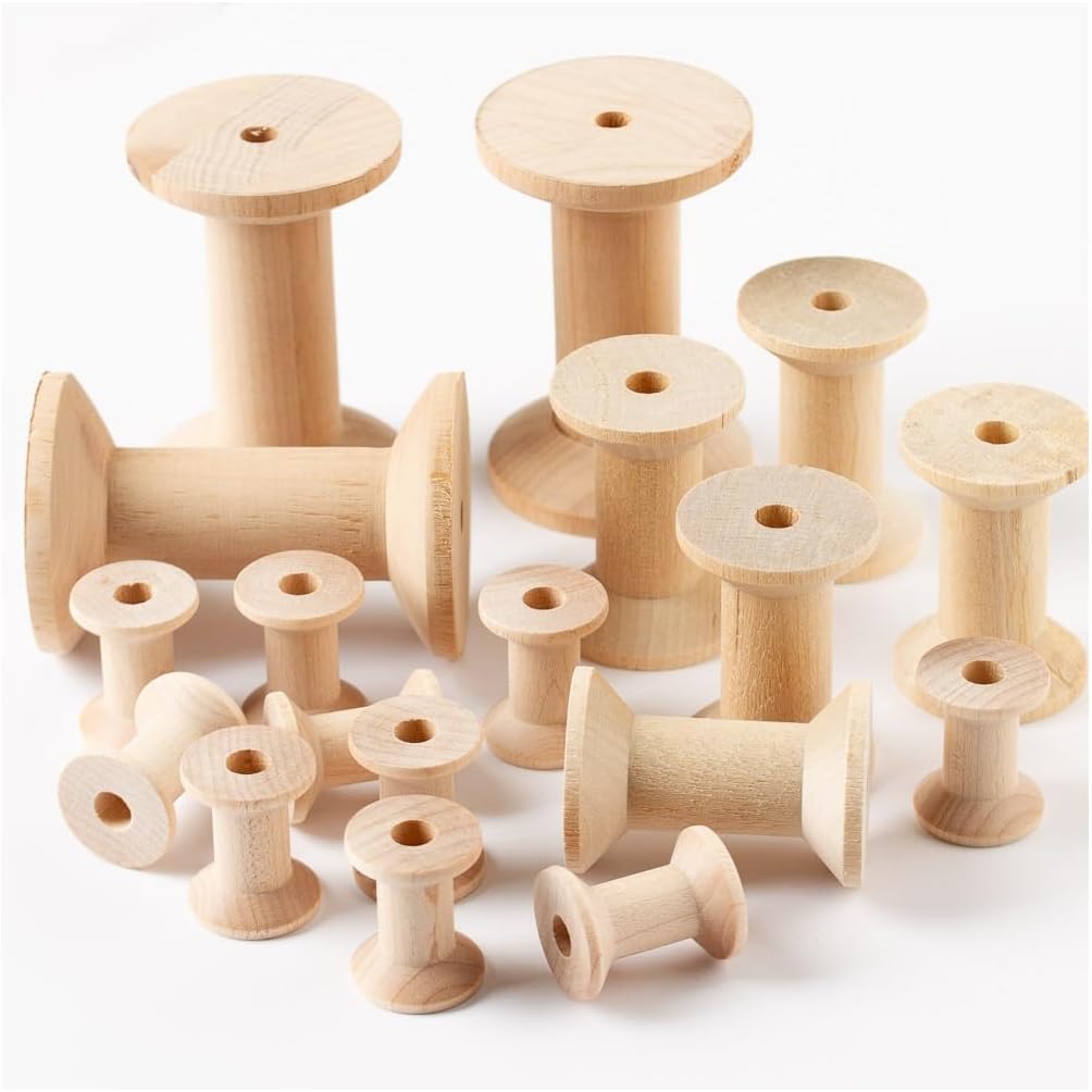 Factory Direct Craft Package of 24 Assorted Unfinished Wood Spools with a Vintage Retro Wooden Thread Bobbin Spool Look (5/8" to 2-3/4" H)
