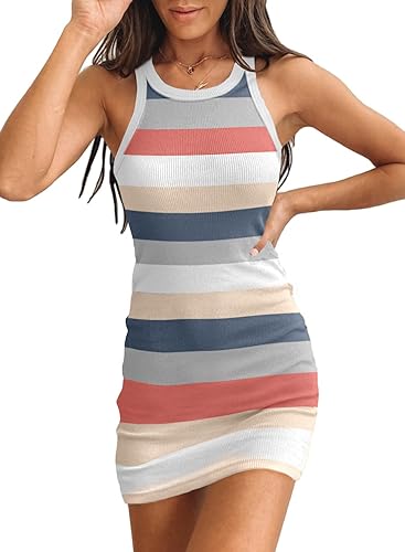 Samefar - Vestido corto básico y ajustado, para mujer, diseño con cuello redondo, acanalado, sin mangas