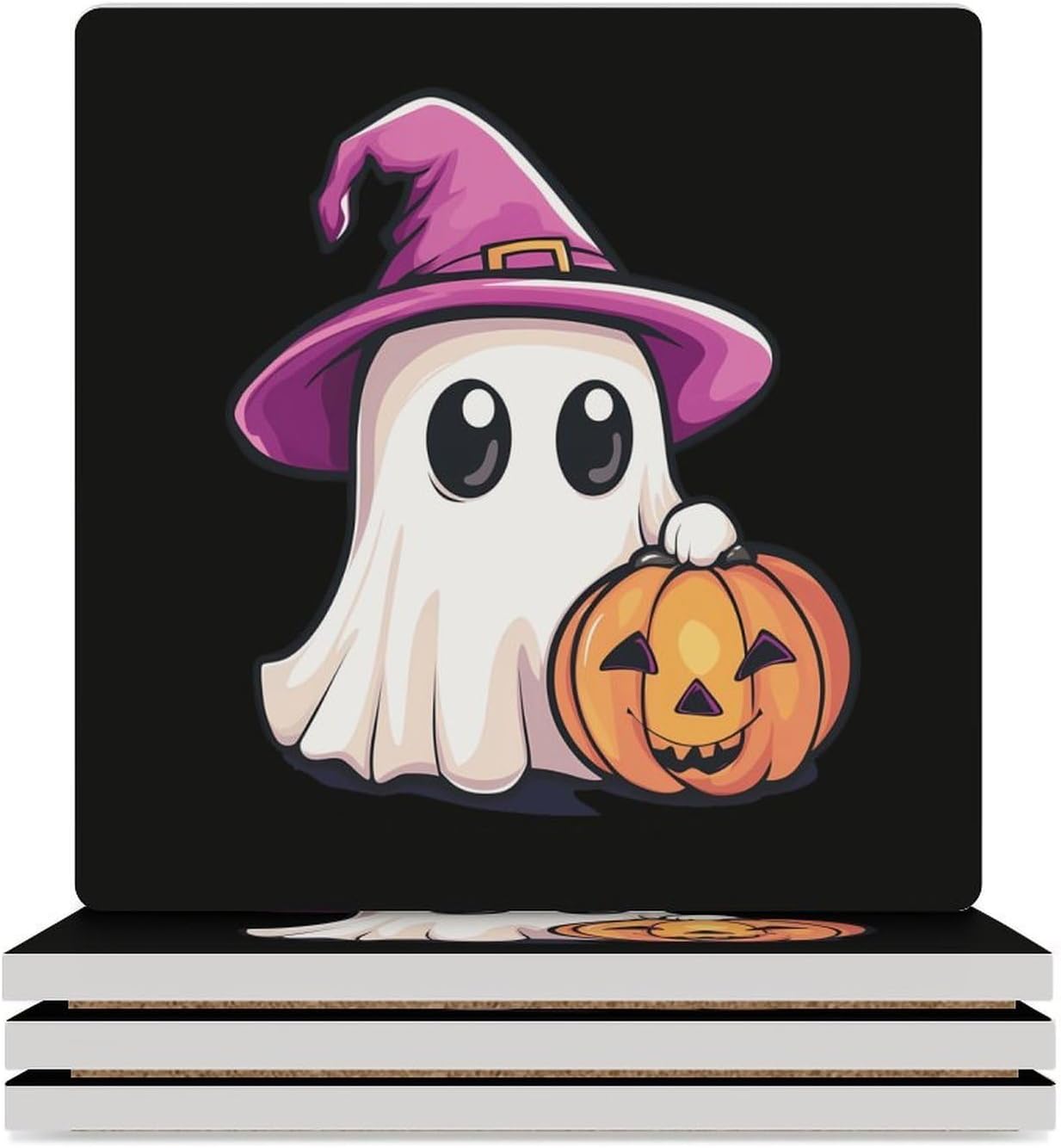 Ghost Halloween Coasters for Drinks Square Table Coasters Set Cup Mats with Cork Base