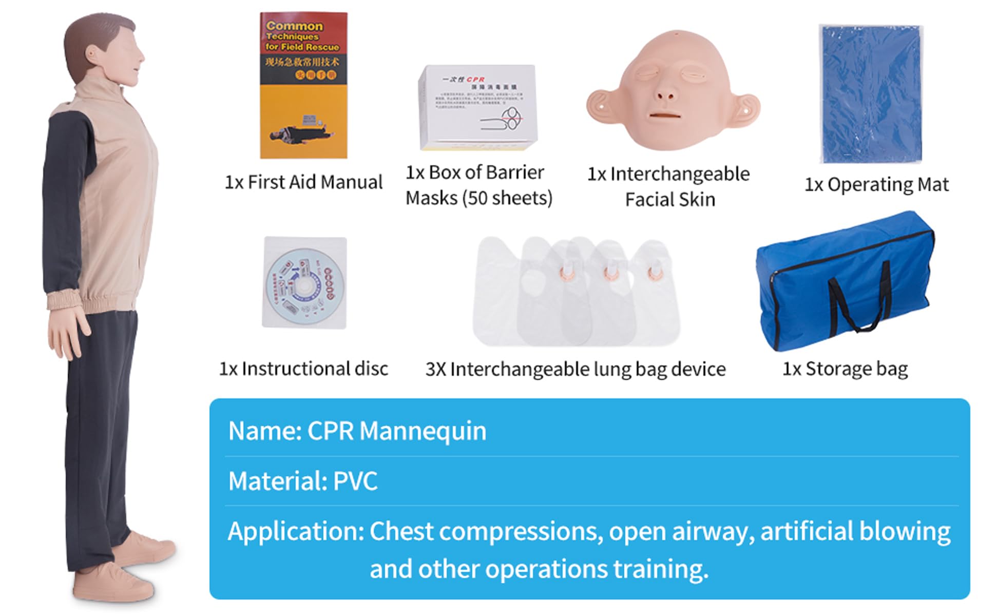 Maniquí de entrenamiento de RCP de cuerpo completo para adultos, maniquí médico de tamaño real para primeros auxilios y enseñanza médica