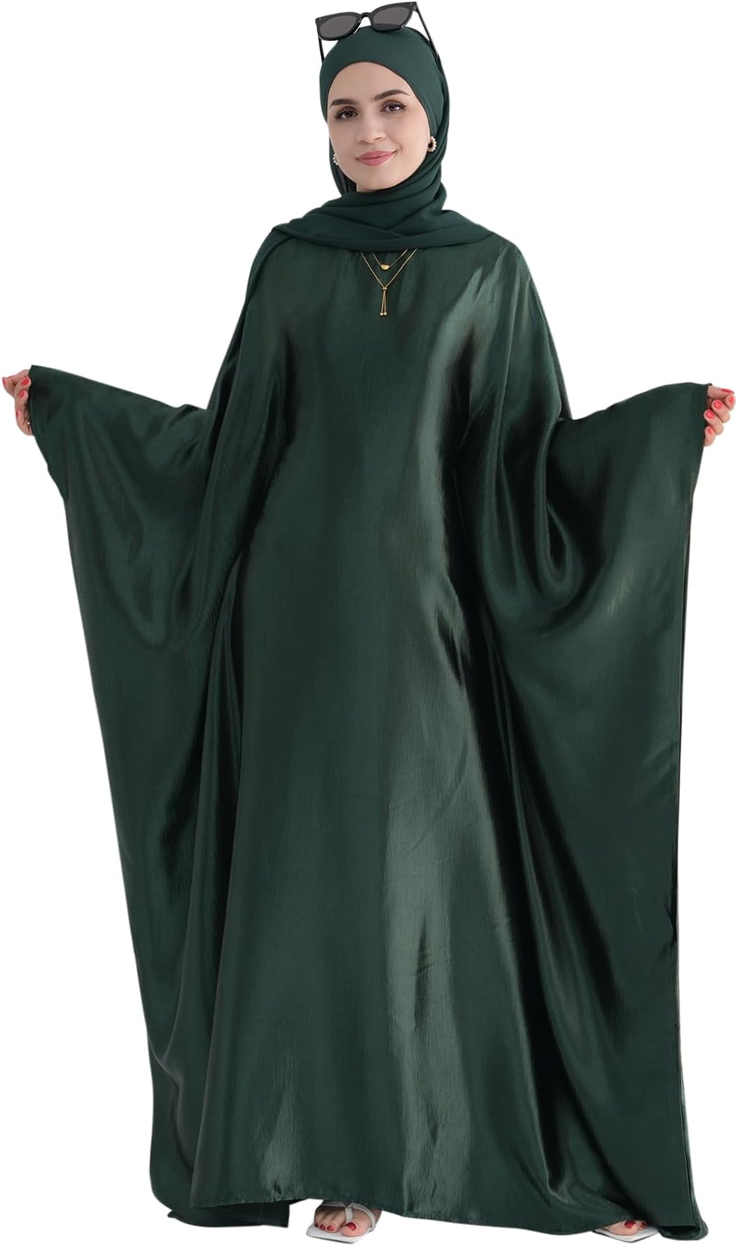 Abaya Muslim Dress Women Satin Prayer Dress Batwing Long Sleeve Middle East Arabian Robe with Hijab