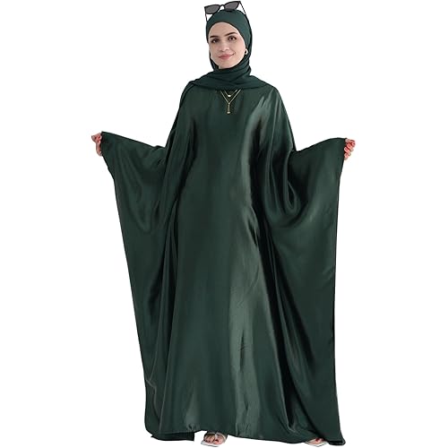 khalat Abaya Muslim Dress Women Satin Prayer Dress Batwing Long Sleeve Middle East Arabian Robe with Hijab