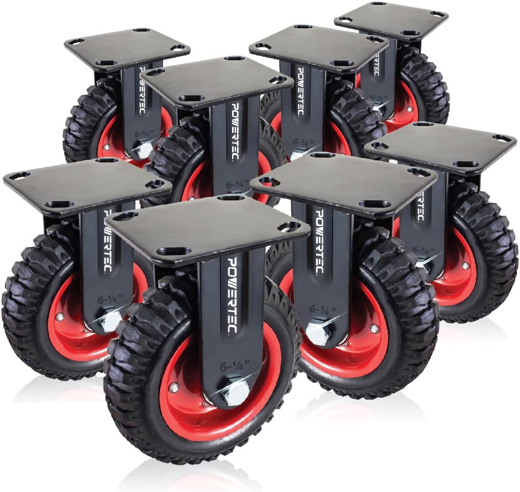 POWERTEC6 Inch Caster Wheels Set of 8, Heavy Duty Fixed Plate Casters with Rubber Knobby Tread for Workbench, Dolly, Cart, Trolley, Wagon and Chicken Coop, Large Rubber Castor Wheels (17052-P8)