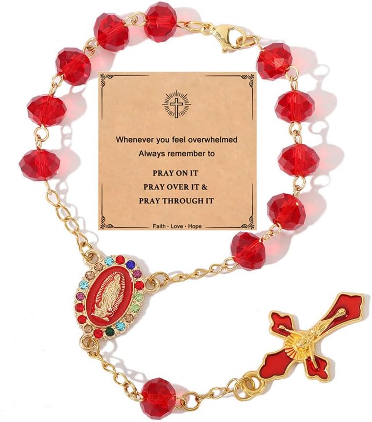 Car Rosary for Rearview Mirror,Rosary for Car Mirror Hanging,Catholic Religious Gifts for Women Men,Auto Rearview Catholic Rosary Hanging Pendant with Virgin Mary Charm,interior Cars Accessories (Red)