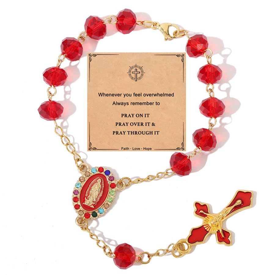 Image of Car Rosary for Rearview Mirror,Rosary for Car Mirror Hanging,Catholic Religious Gifts for Women Men,Auto Rearview Catholic Rosary Hanging Pendant with Virgin Mary Charm,interior Cars Accessories (Red)