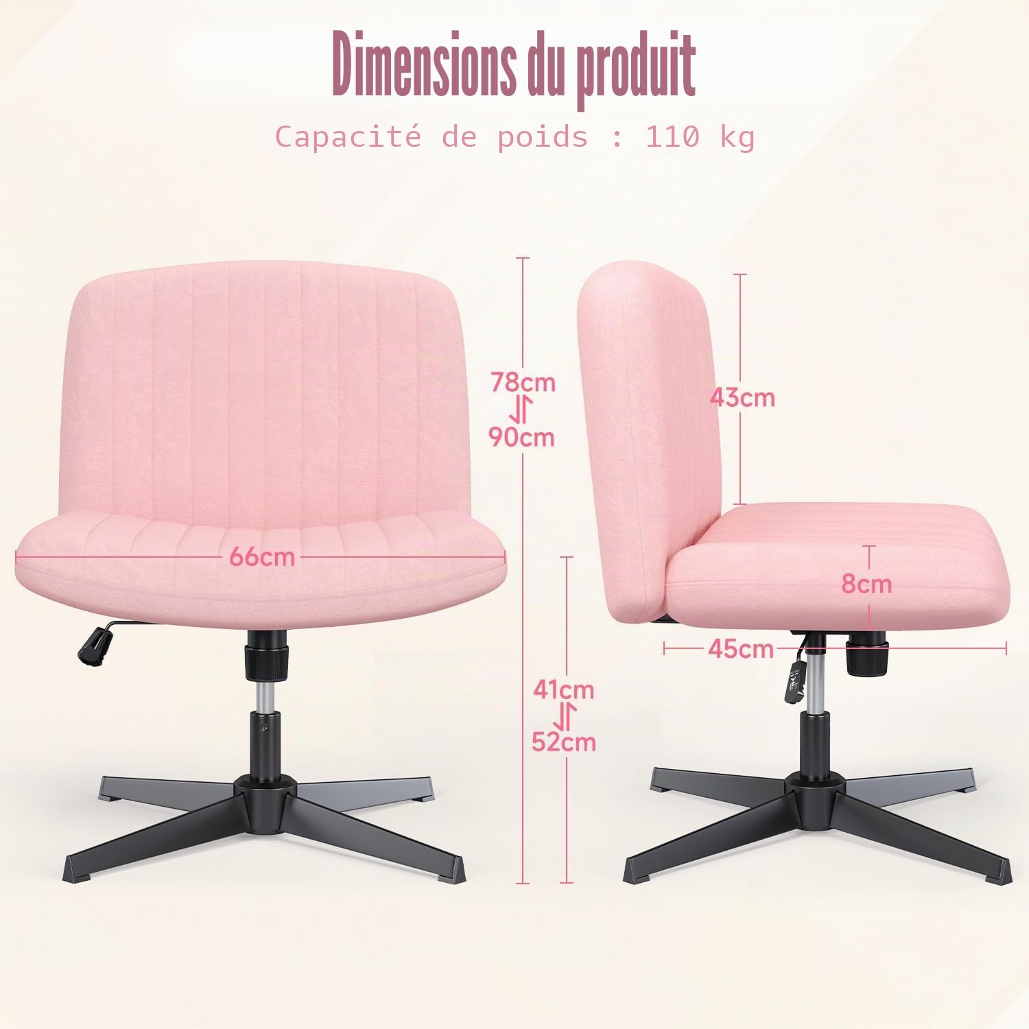 Chaise de bureau ergonomique sans accoudoirs sans roulettes – Large flanelle douce, pivotante à 360° et hauteur réglable, design moderne pour la maison (rose)