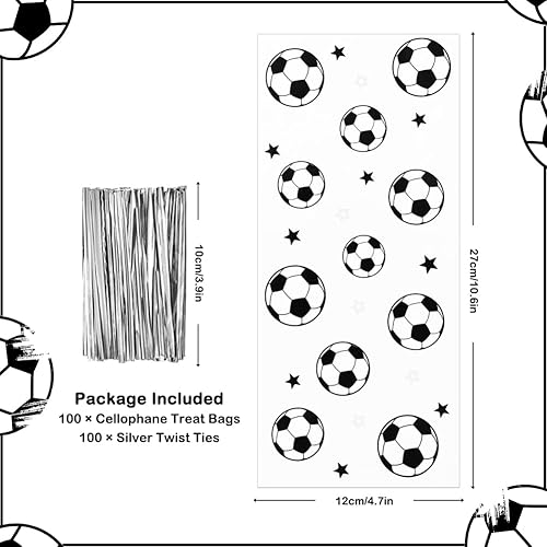 Miniatura 3 de 100 bolsas de golosinas de fútbol, bolsas de golosinas de fútbol, bolsas transparentes para violonchelo con lazos giratorios plateados, suministros