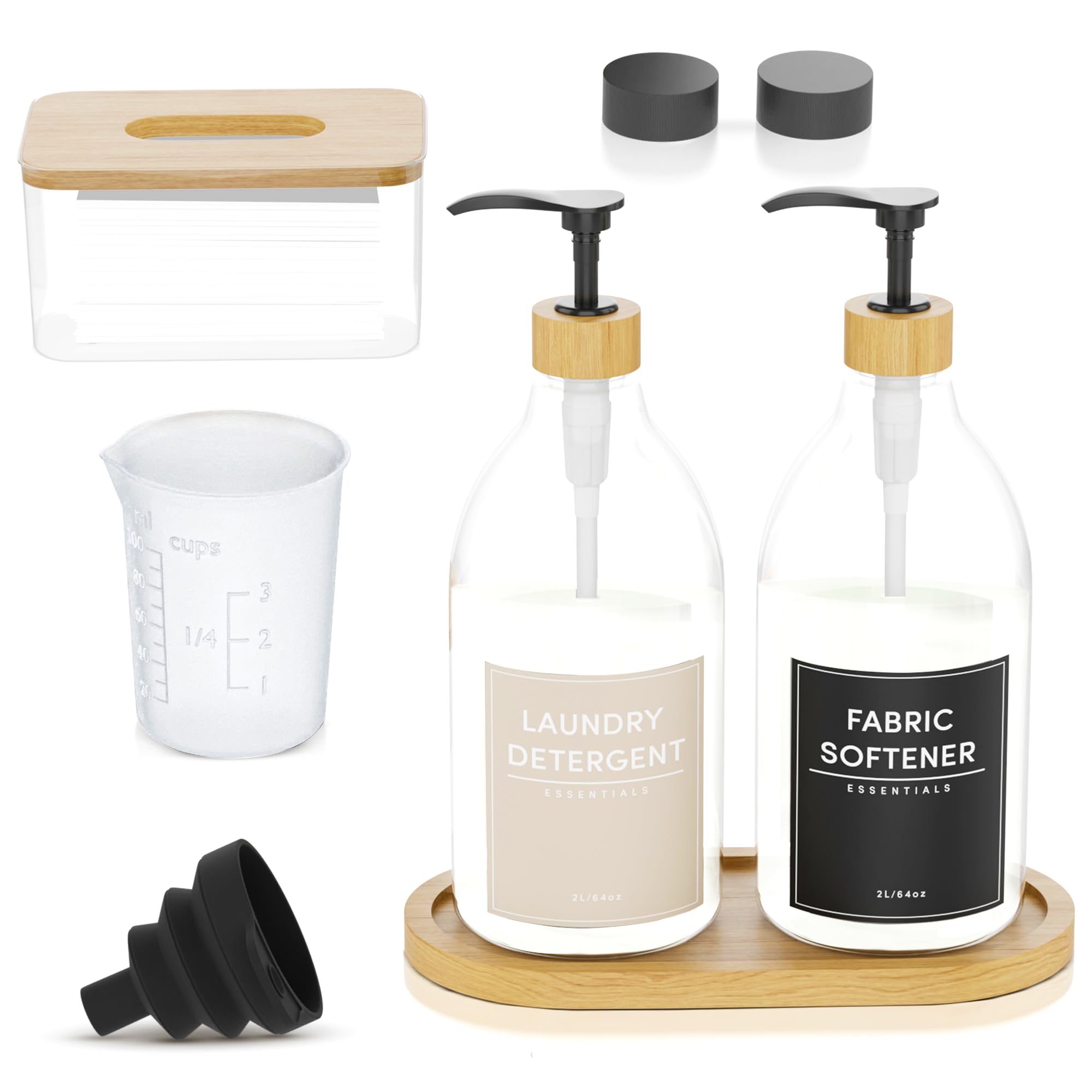 Liquid Laundry Detergent Dispenser Set of 2 - Plastic Laundry Dispenser for Liquid Detergent & Fabric Conditioner with Bamboo Tray - Farmhouse Laundry Detergent Soap Dispenser for Laundry Room
